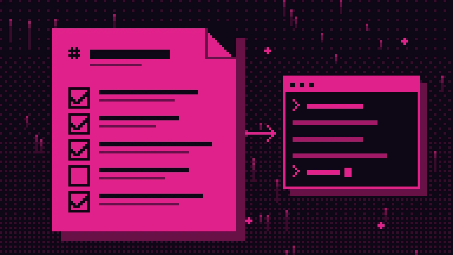 Pixel art w kolorach magenta i czerni: dokument Markdown z listą kontrolną połączony strzałką z oknem terminala.