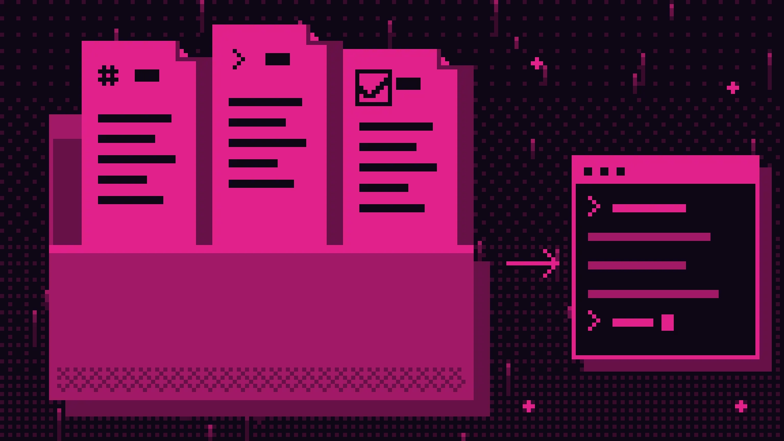 Pixel art w kolorach magenta i czerni: otwarty folder projektu, z którego wystają trzy dokumenty Markdown, połączony strzałką z oknem terminala.