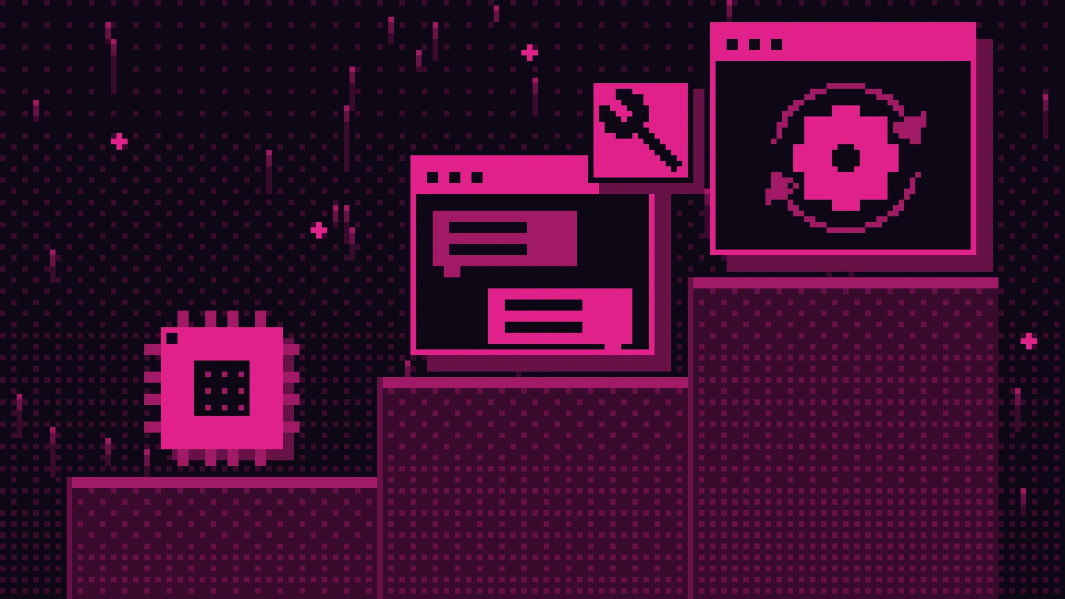 Pixel art w kolorach magenta i czerni: trzy stopnie schodów, na nich kolejno układ scalony, okno czatu z kluczem płaskim i okno z kołem zębatym w pętli strzałek.