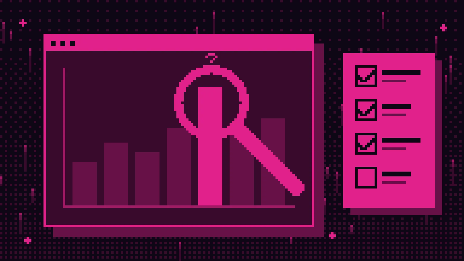 Pixel art w kolorach magenta i czerni: lupa nad wykresem słupkowym z podejrzanie wysokim słupkiem i lista kontrolna obok.