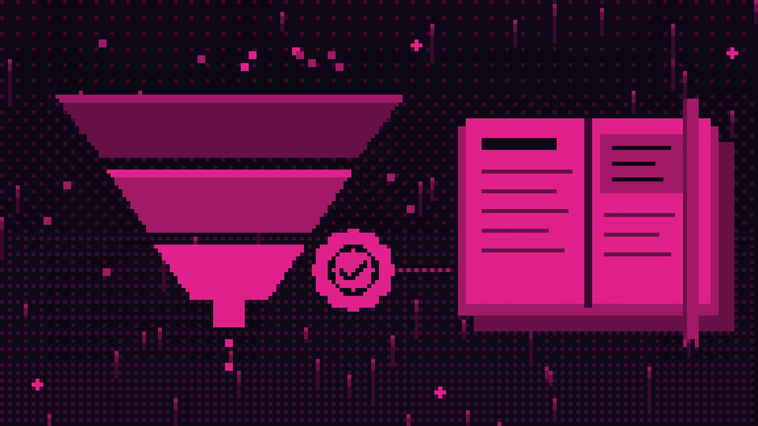 Pixel art w kolorach magenta i czerni: lejek z trzema poziomami, z którego spadają punkty, najniższy poziom oznaczony pieczęcią z odhaczeniem, obok otwarty słownik z zakładką.