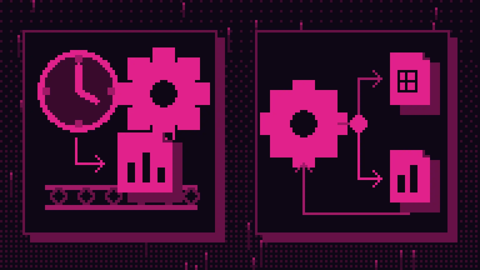 Pixel art w czerni i magencie: dwa tory pracy, prosty z zegarem i kołem zębatym oraz rozgałęziony z pętlą i dokumentami.