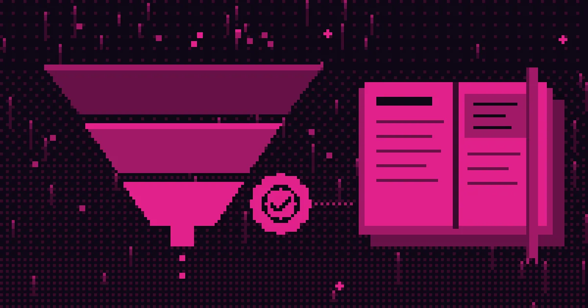 Pixel art: lejek z zaznaczonym najniższym poziomem obok otwartego słownika pojęć.