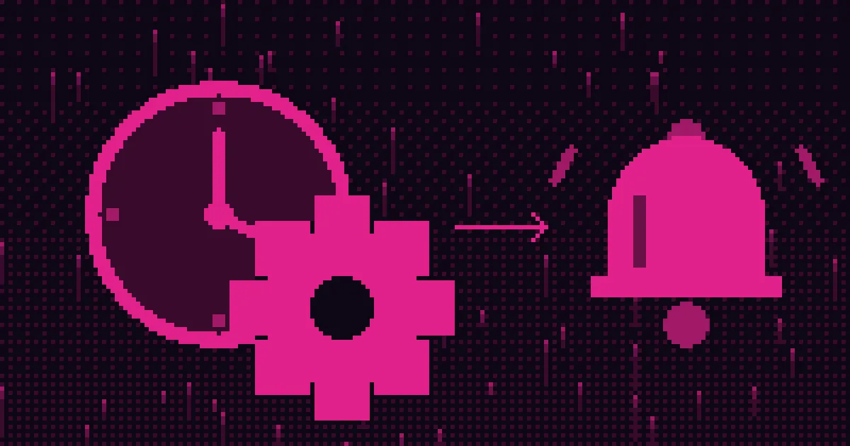 Pixel art: duży zegar z kołem zębatym, strzałka oraz dzwonek powiadomienia w kolorach czerni i magenty.