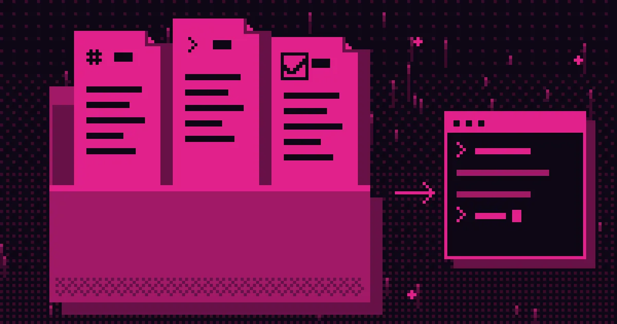 Pixel art: folder projektu z trzema dokumentami Markdown obok okna terminala.