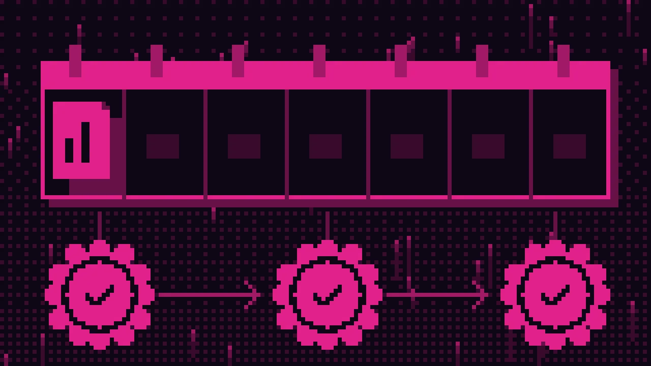 Pixel art: kalendarz z siedmioma polami, raport w pierwszym polu i trzy punkty kontroli połączone strzałkami.