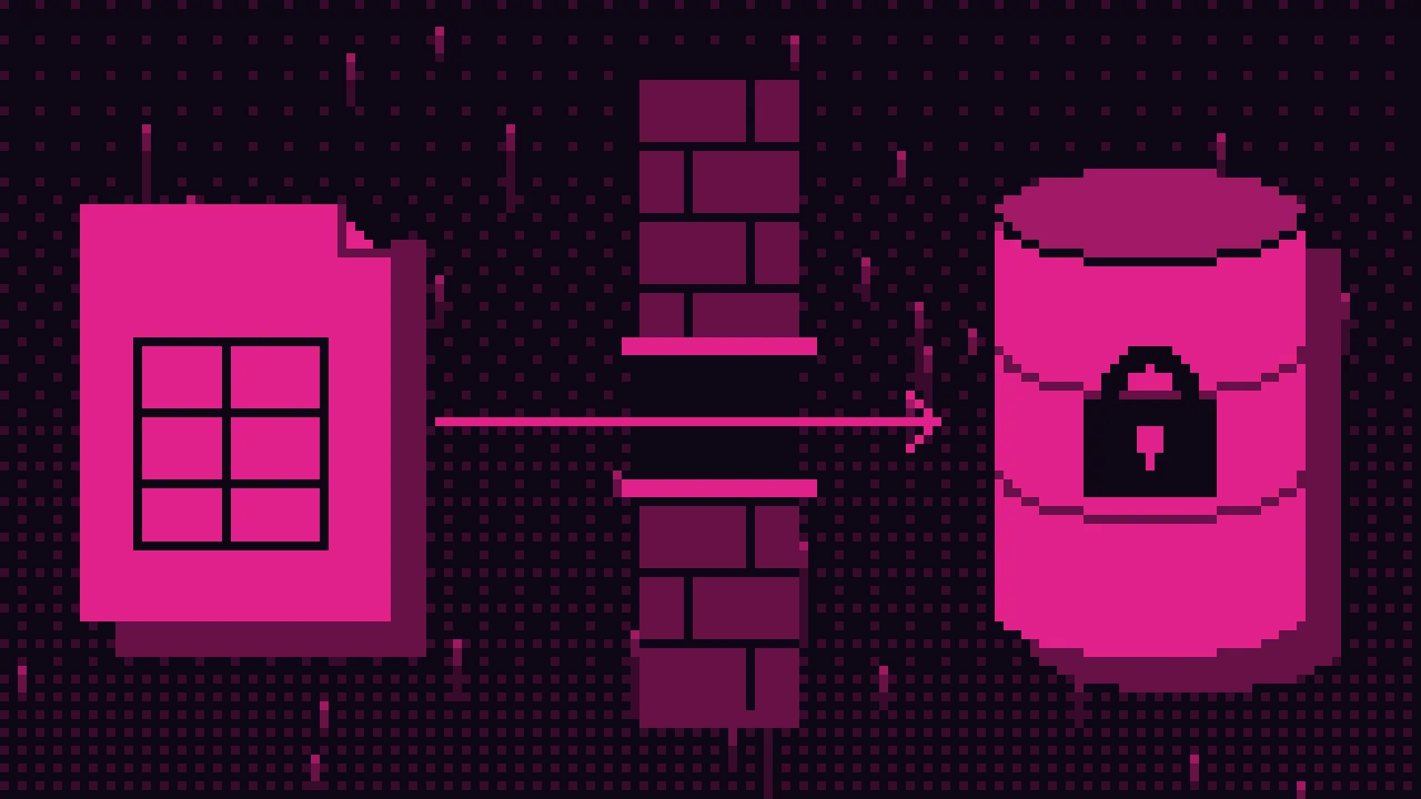 Pixel art: dokument i baza danych po dwóch stronach muru, strzałka przechodząca przez wąską bramkę oraz zamknięta kłódka.